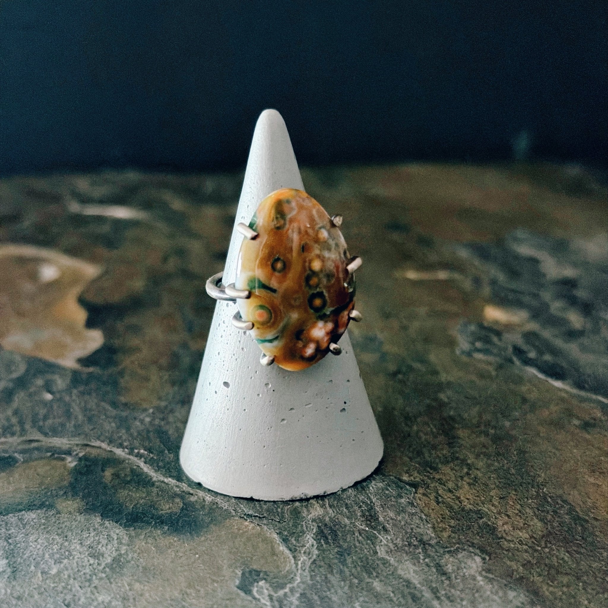 Celeste Ring with Ocean Jasper - Size 6 - Three Flames Silverworks