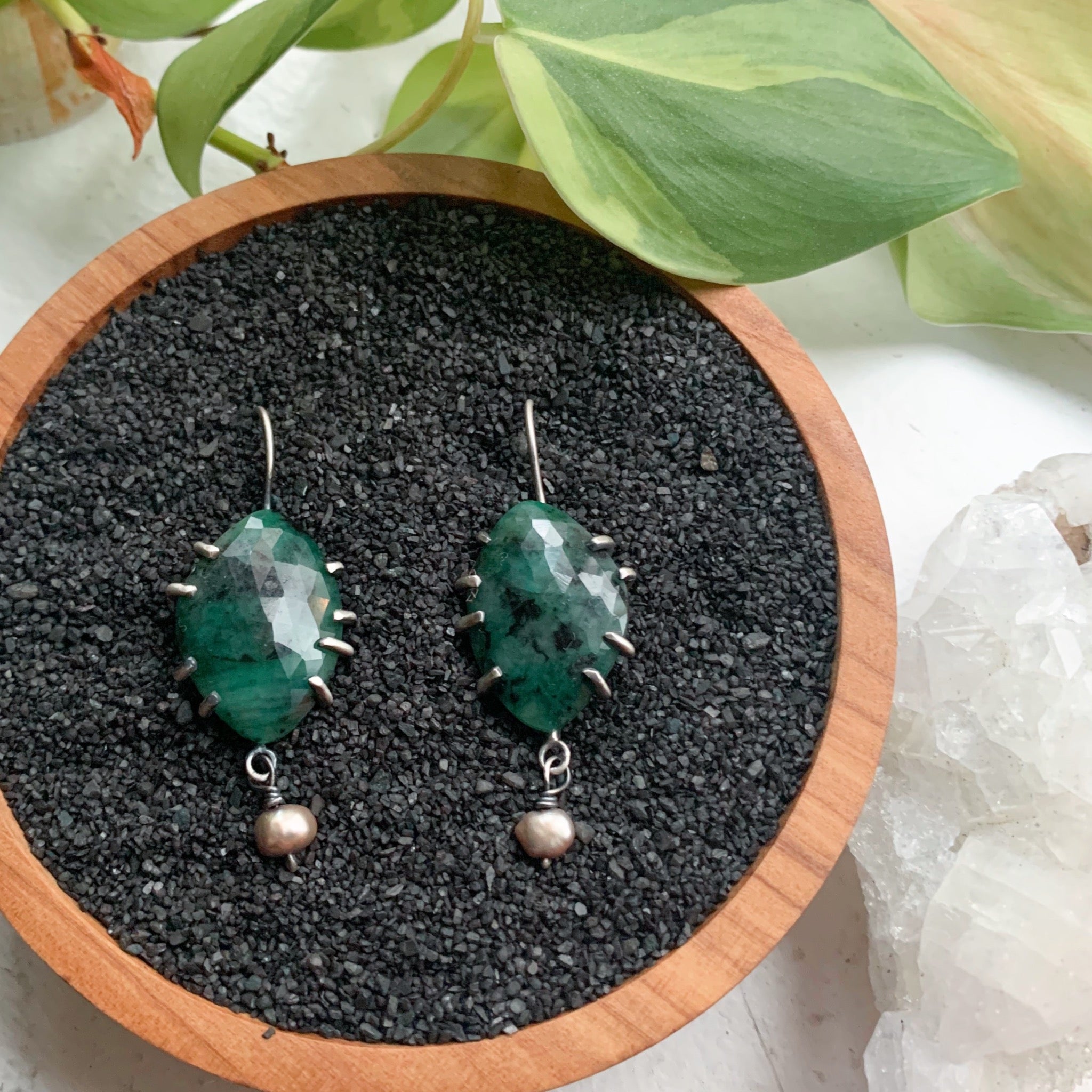 Emerald and Pearl Earrings - Three Flames Silverworks