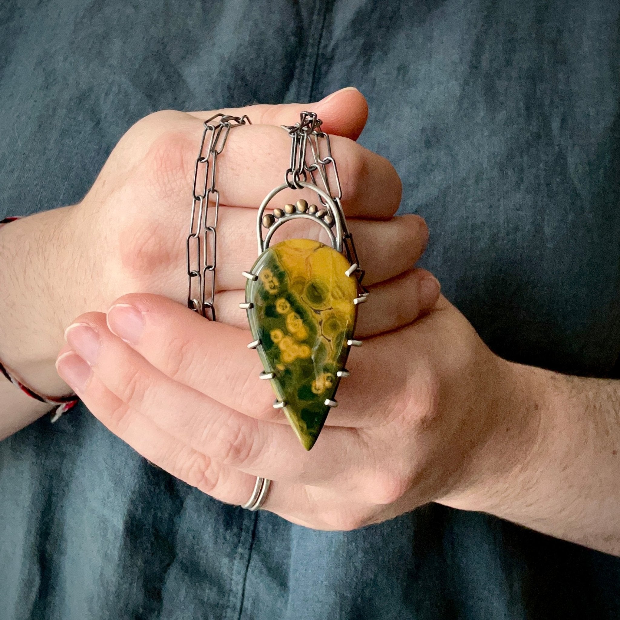 Ocean Jasper Pendant in Sterling and Bronze - Three Flames Silverworks