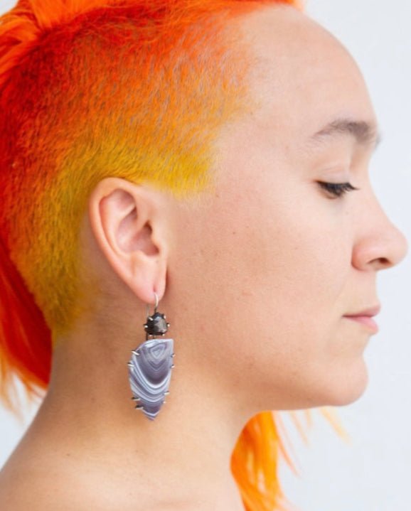 Statement Chocolate Sapphire and Botswana Agate Earrings - Three Flames Silverworks