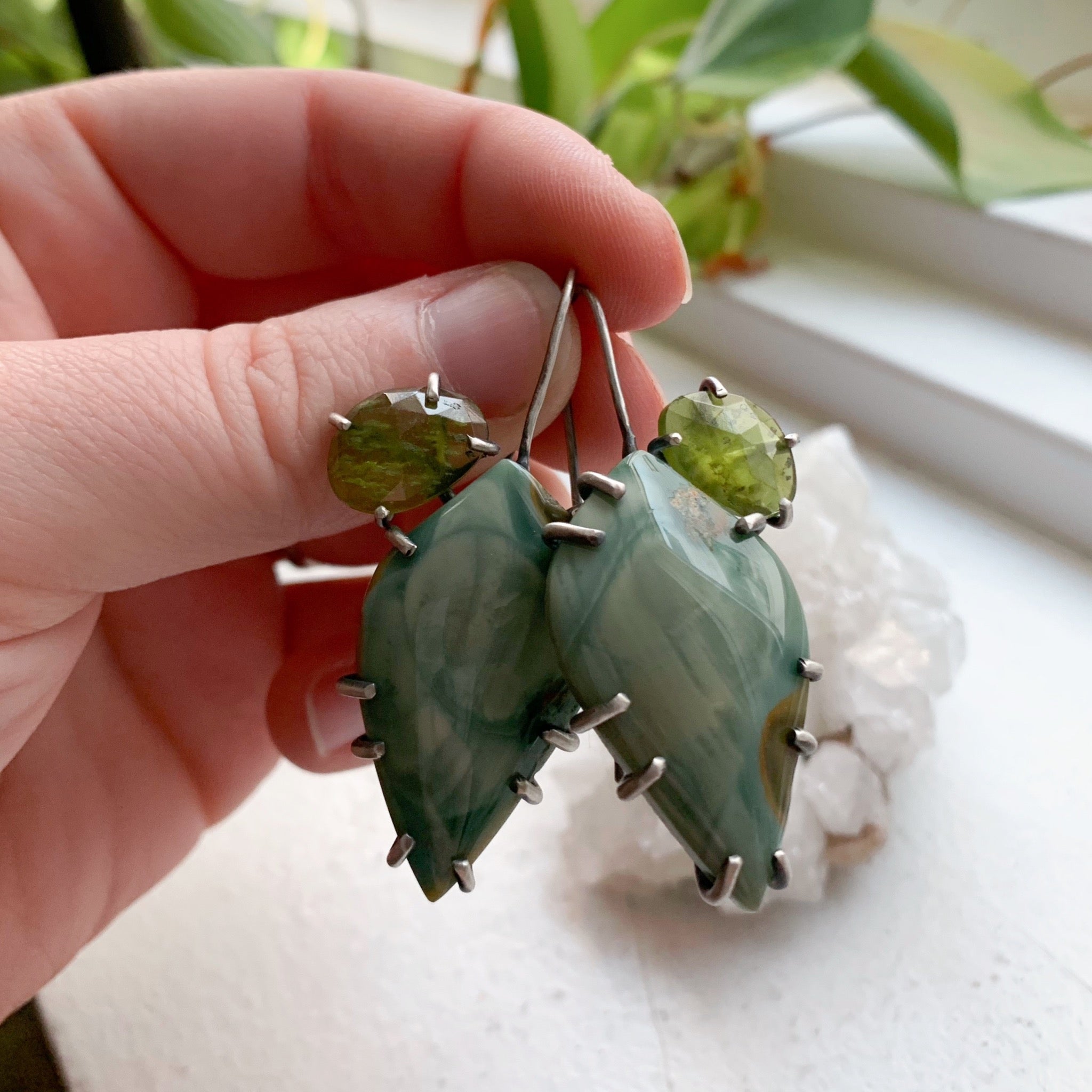 Theia Earring: Royal Imperial Jasper with Vesuvianite - Three Flames Silverworks