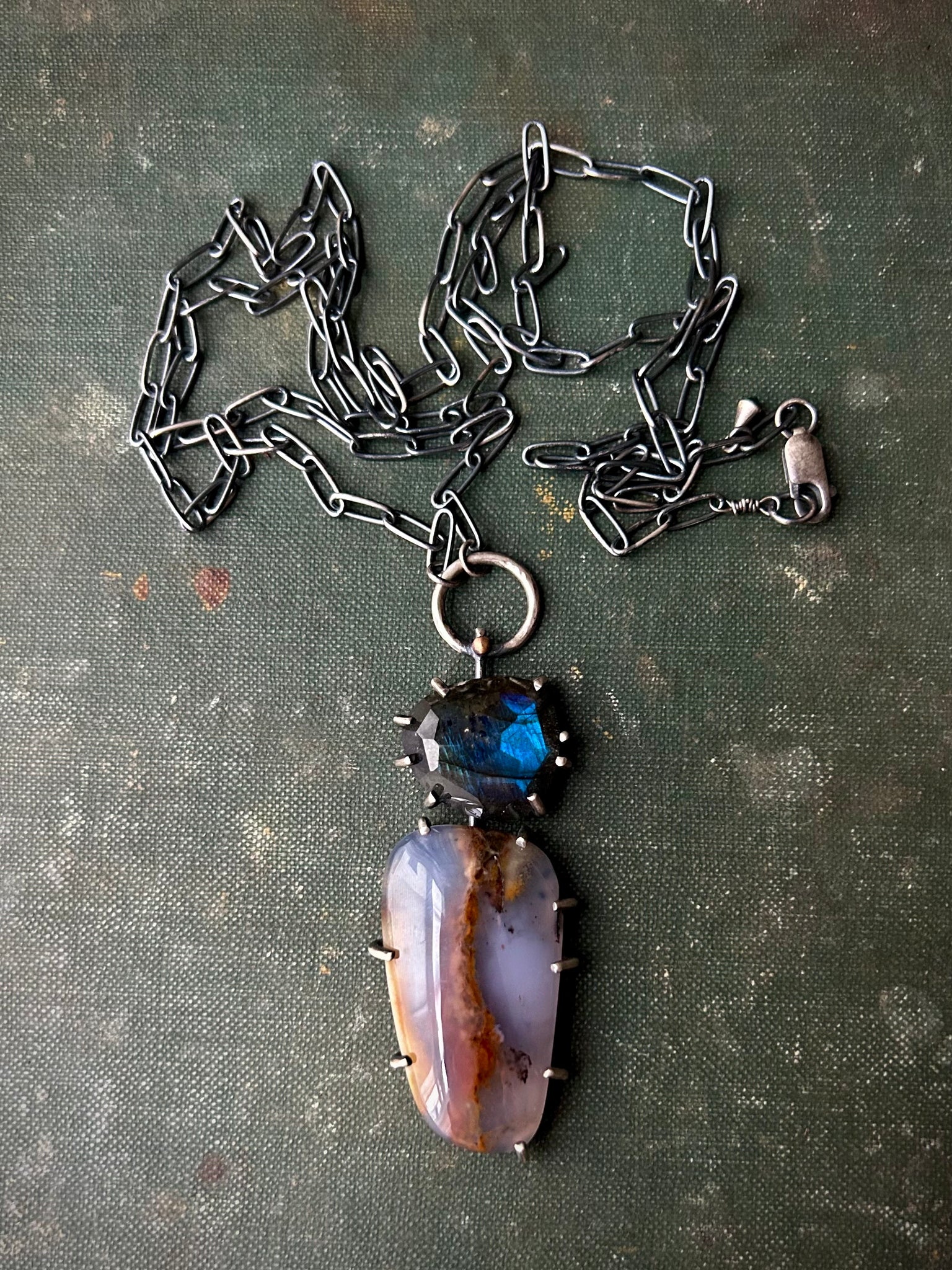 Chalcedony and Labradorite Pendant in Sterling and Bronze