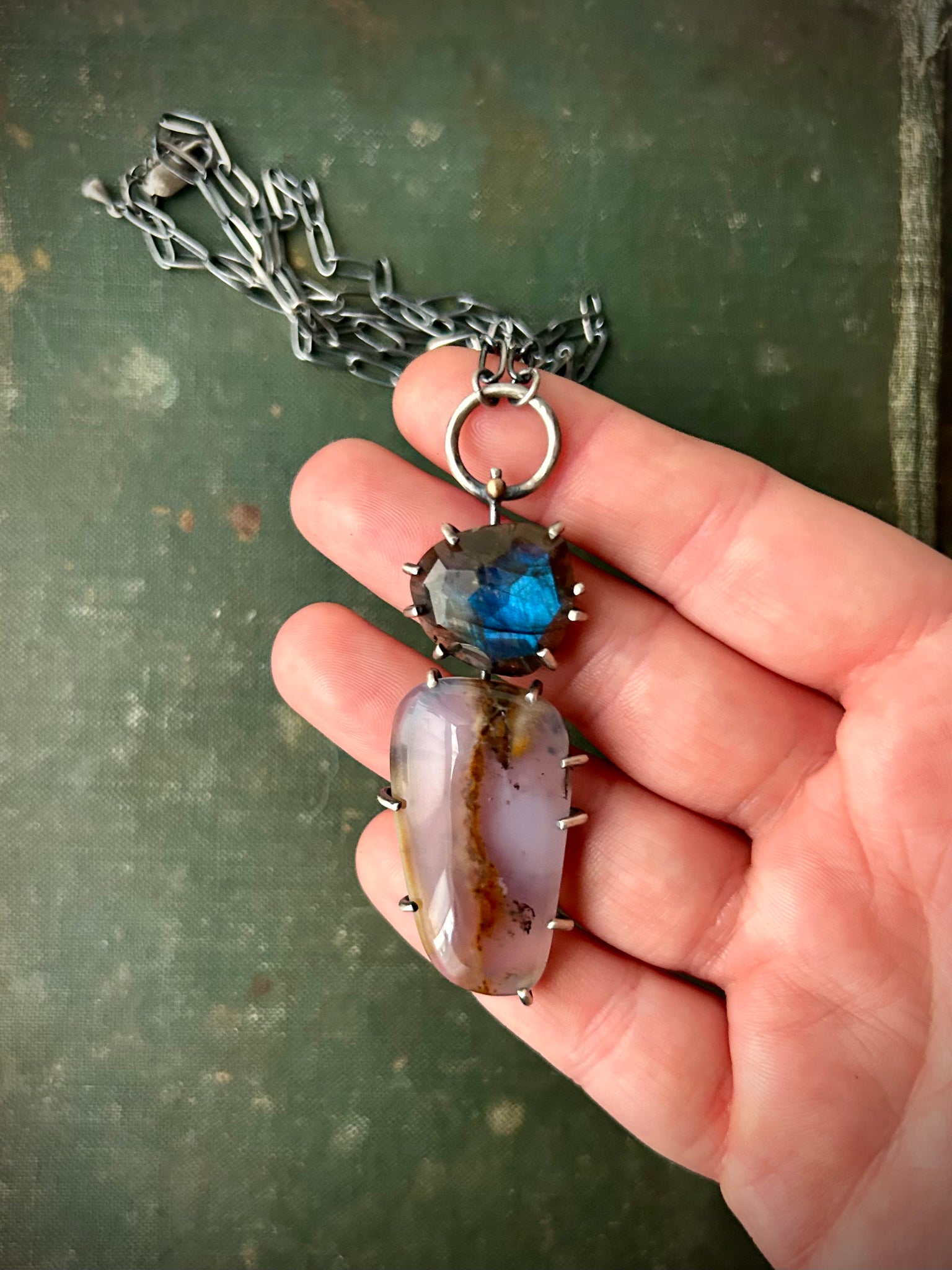 Chalcedony and Labradorite Pendant in Sterling and Bronze