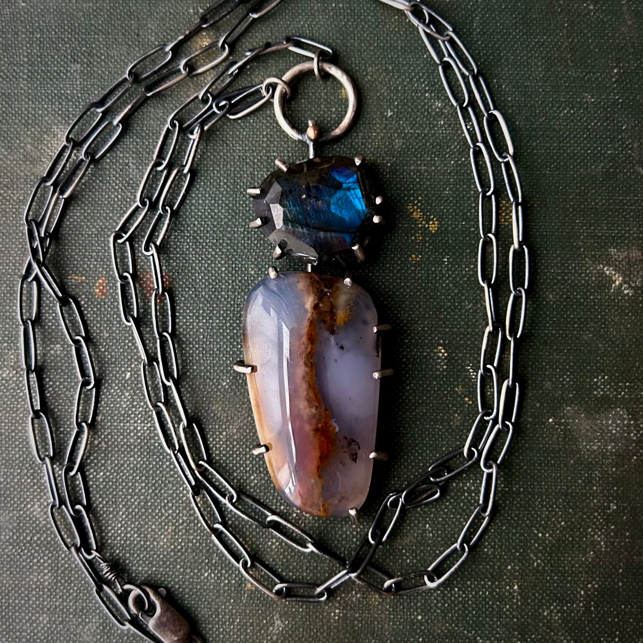 Chalcedony and Labradorite Pendant in Sterling and Bronze
