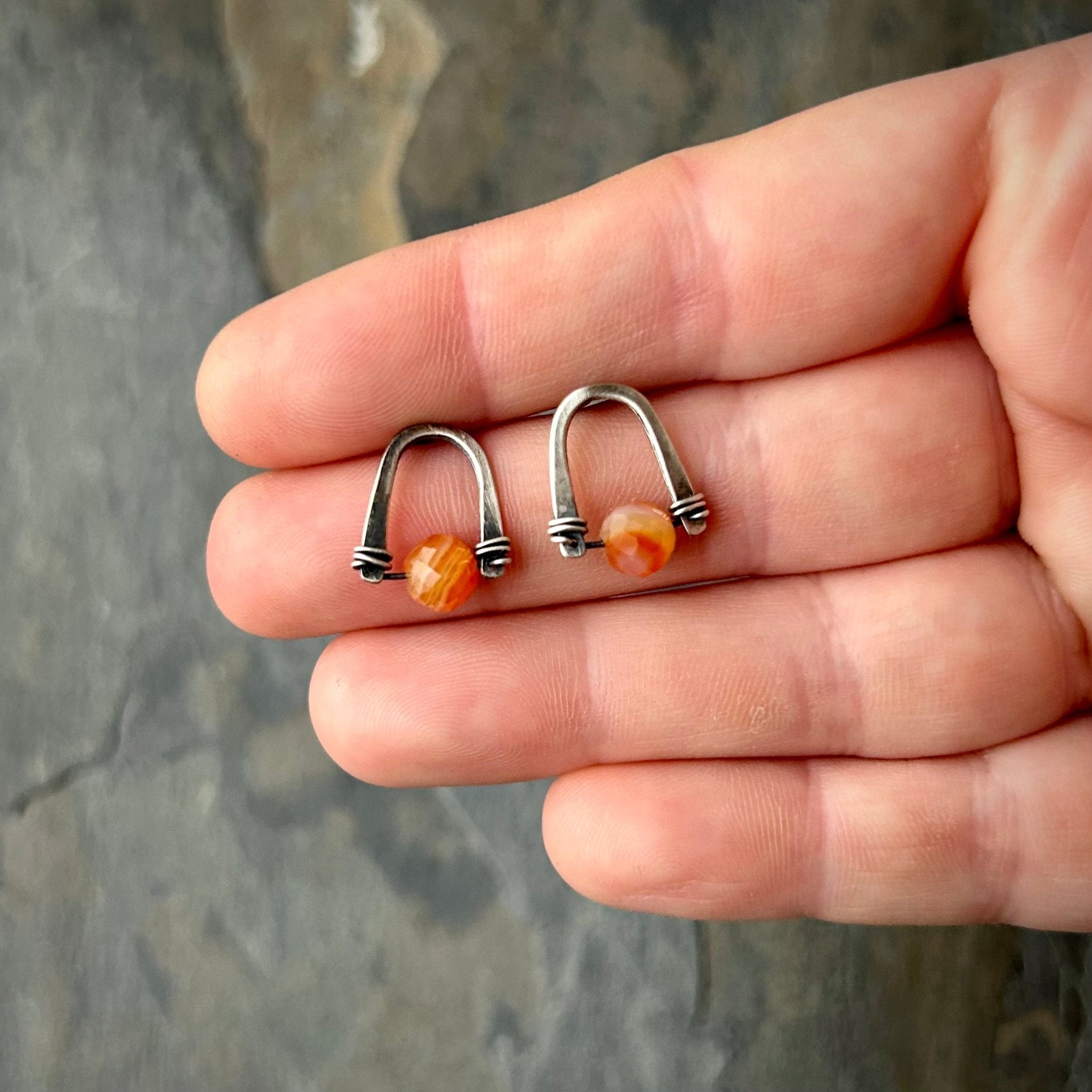 Arc Earrings with Carnelian - Three Flames Silverworks