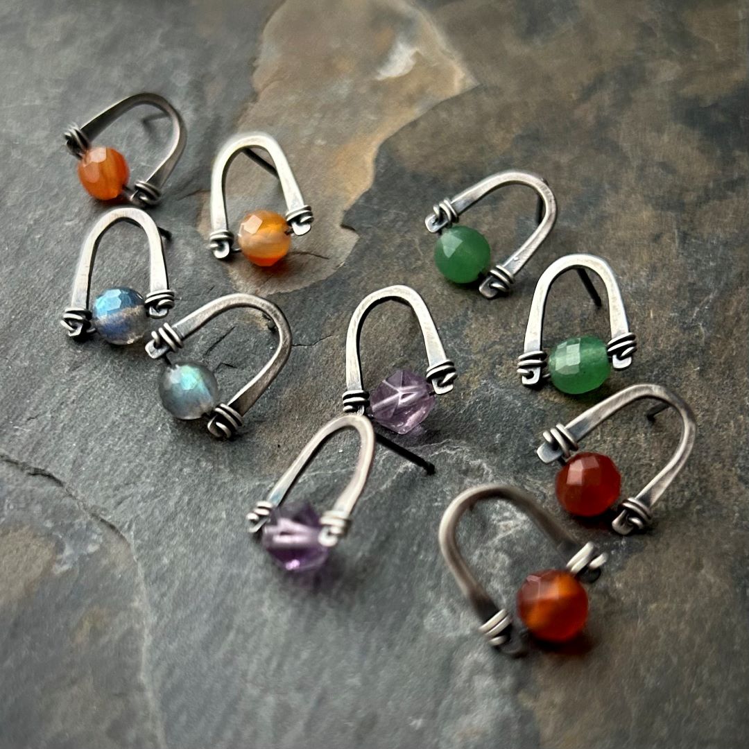 Arc Gemstone Studs - Choice of Stone - Three Flames Silverworks