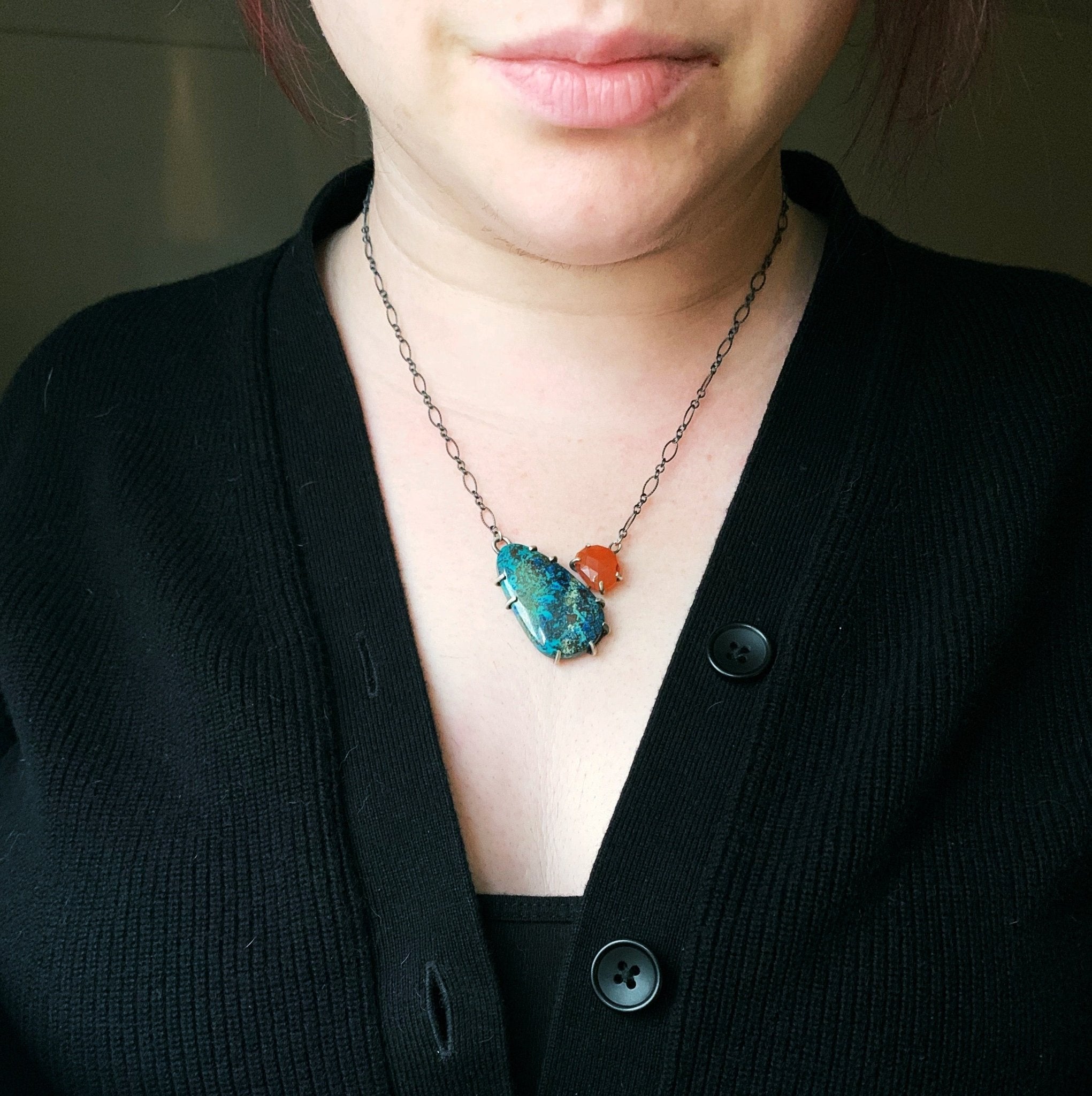 Azurite and Carnelian Pendant - Three Flames Silverworks