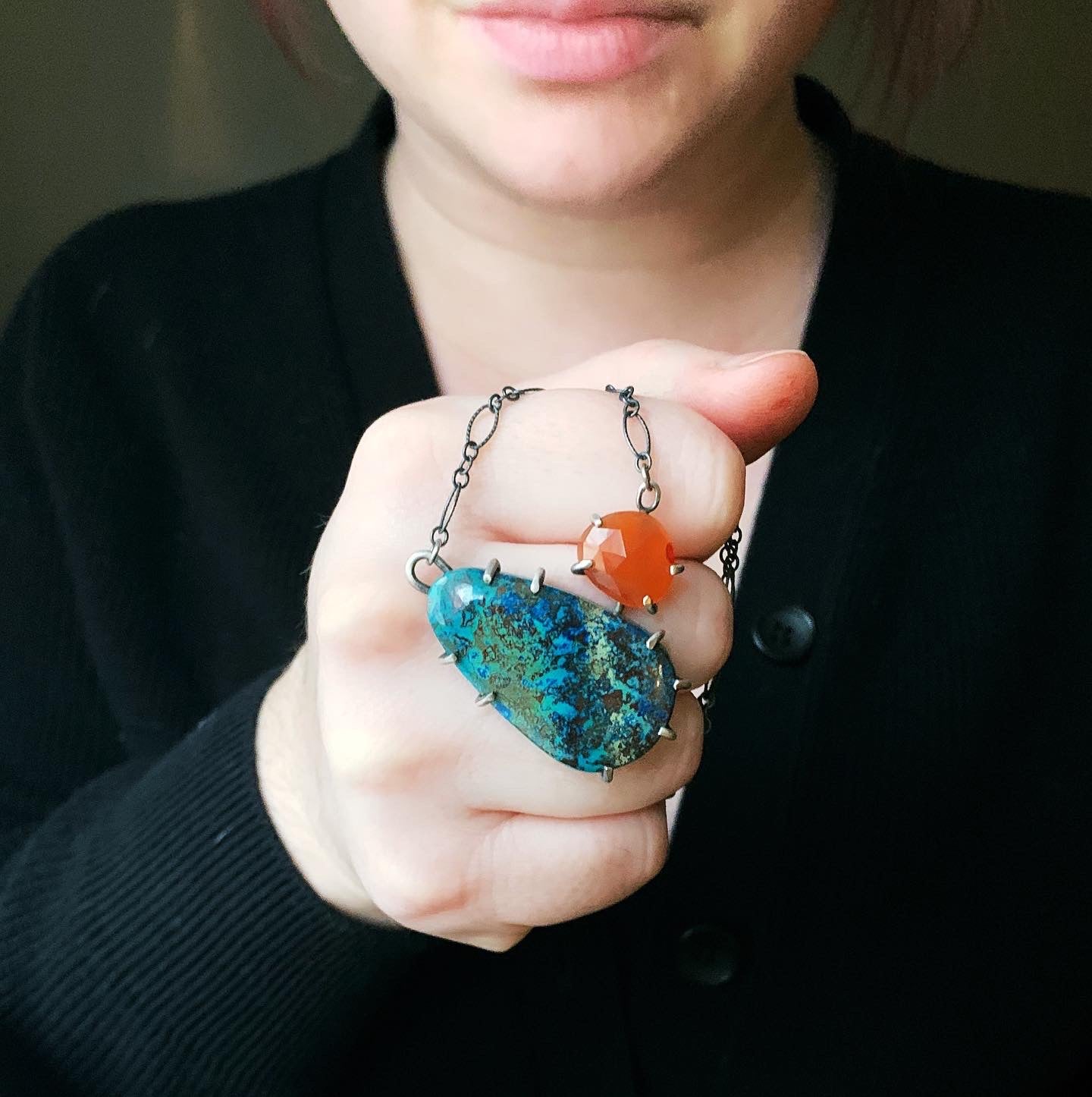 Azurite and Carnelian Pendant - Three Flames Silverworks