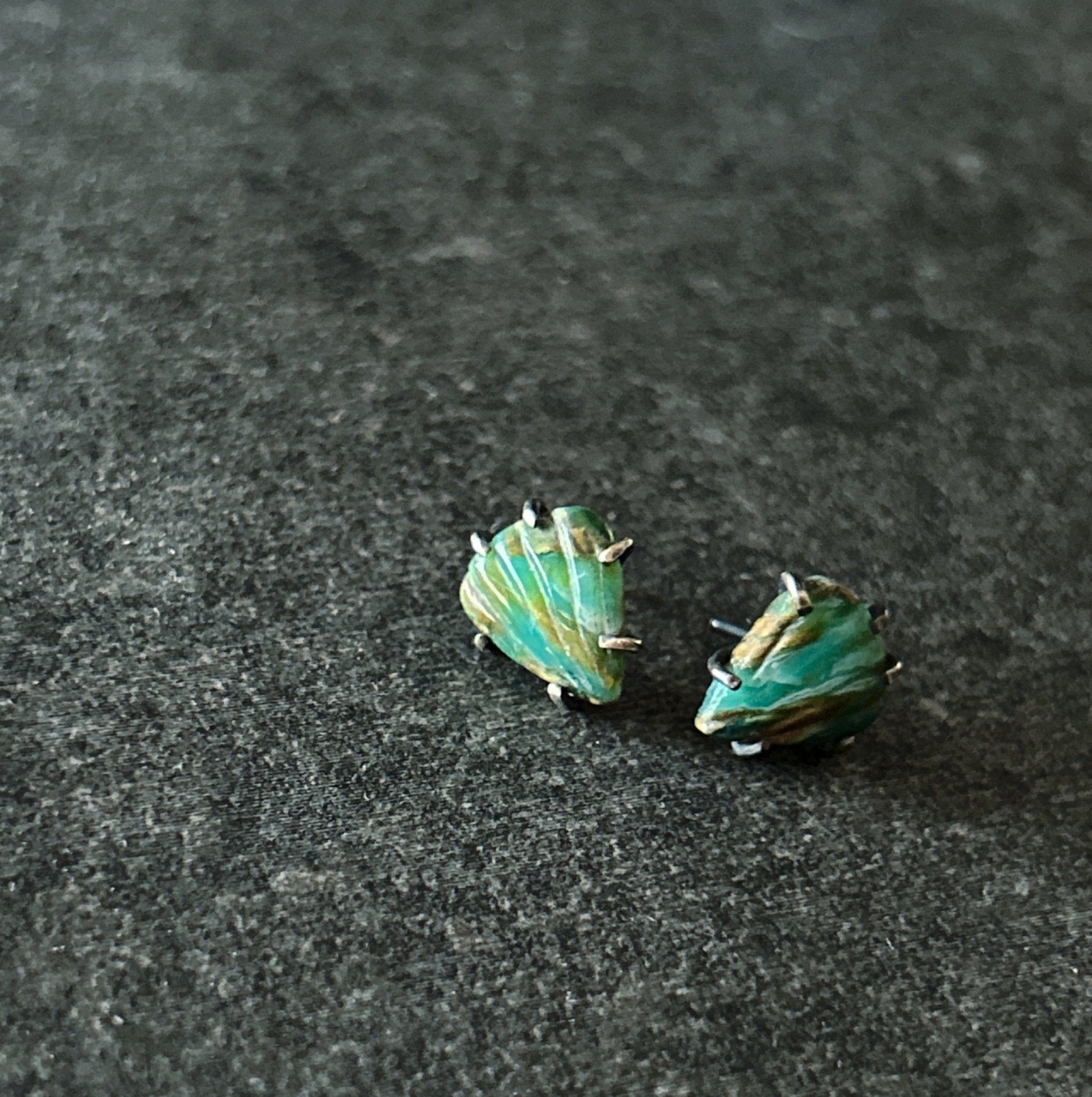 Celeste Gemstone Studs: Carved Peruvian Opal Shell - Three Flames Silverworks