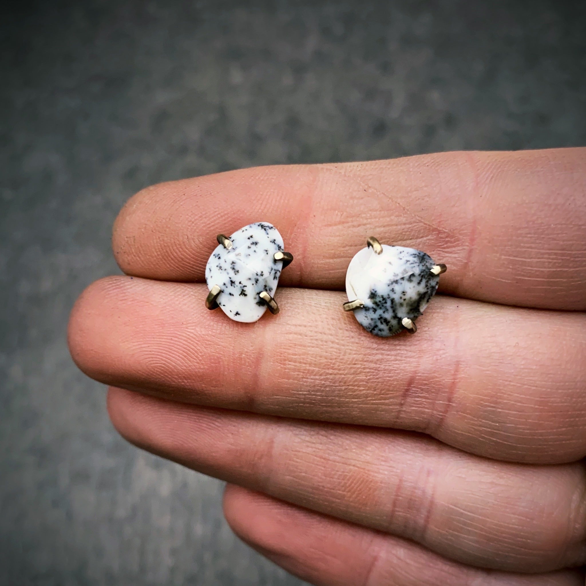 Celeste Gemstone Studs: Dendritic Opal - Three Flames Silverworks