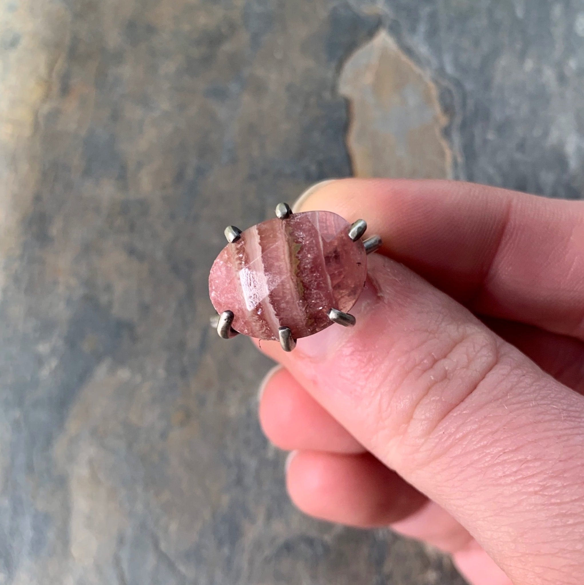 Celeste Ring with Rhodochrosite Size 8 - Three Flames Silverworks