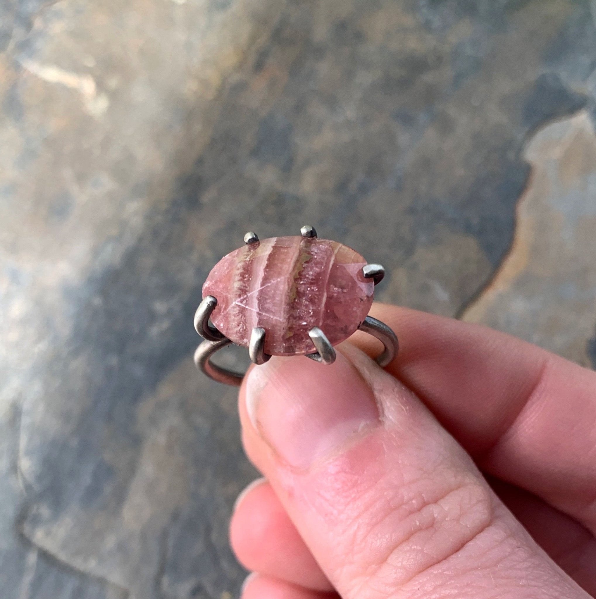 Celeste Ring with Rhodochrosite Size 8 - Three Flames Silverworks