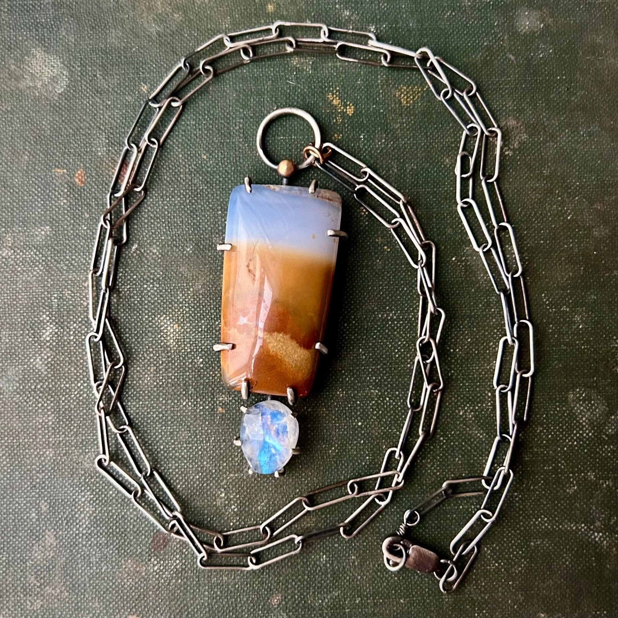 Chalcedony and Rainbow Moonstone Pendant in Sterling and Bronze - Three Flames Silverworks