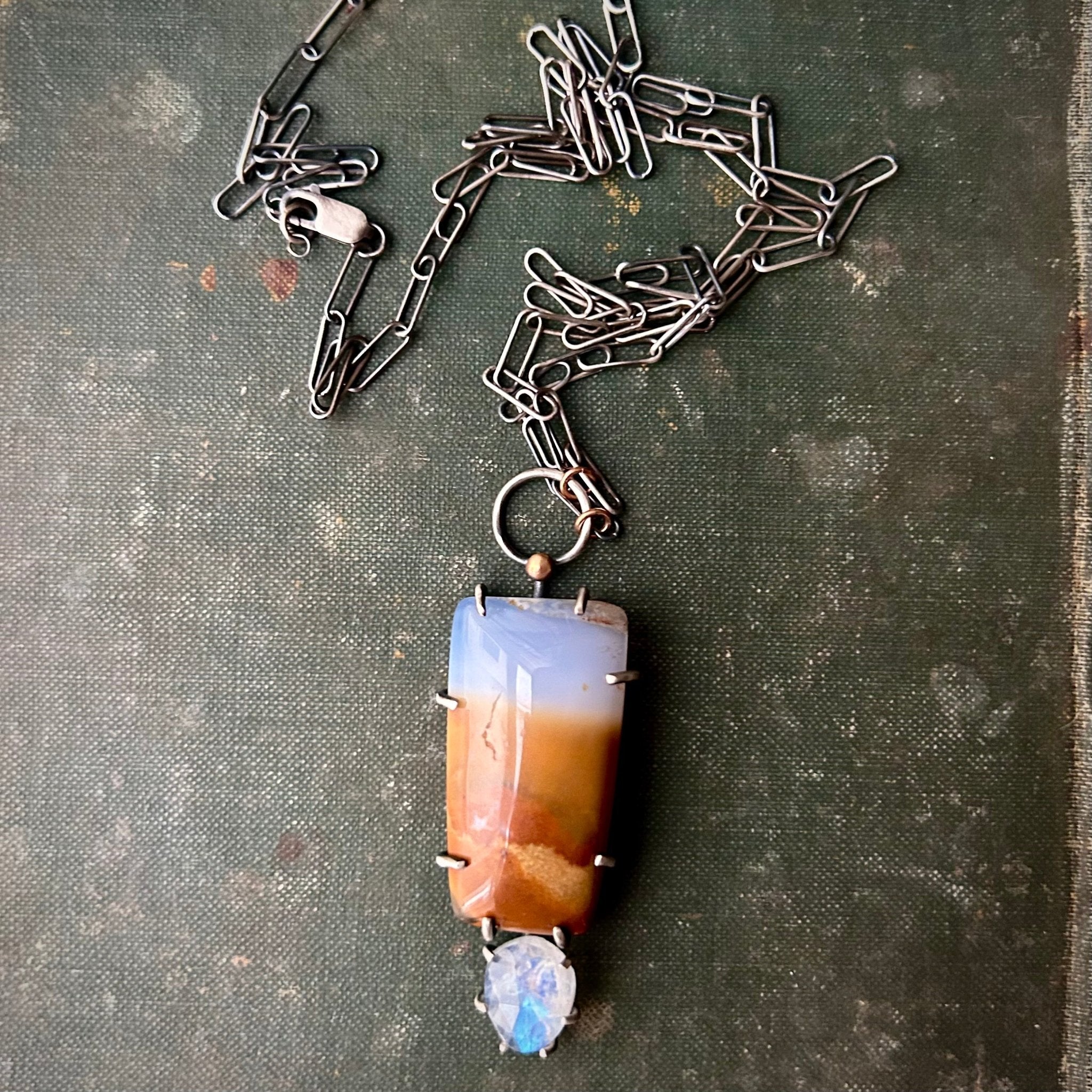 Chalcedony and Rainbow Moonstone Pendant in Sterling and Bronze - Three Flames Silverworks