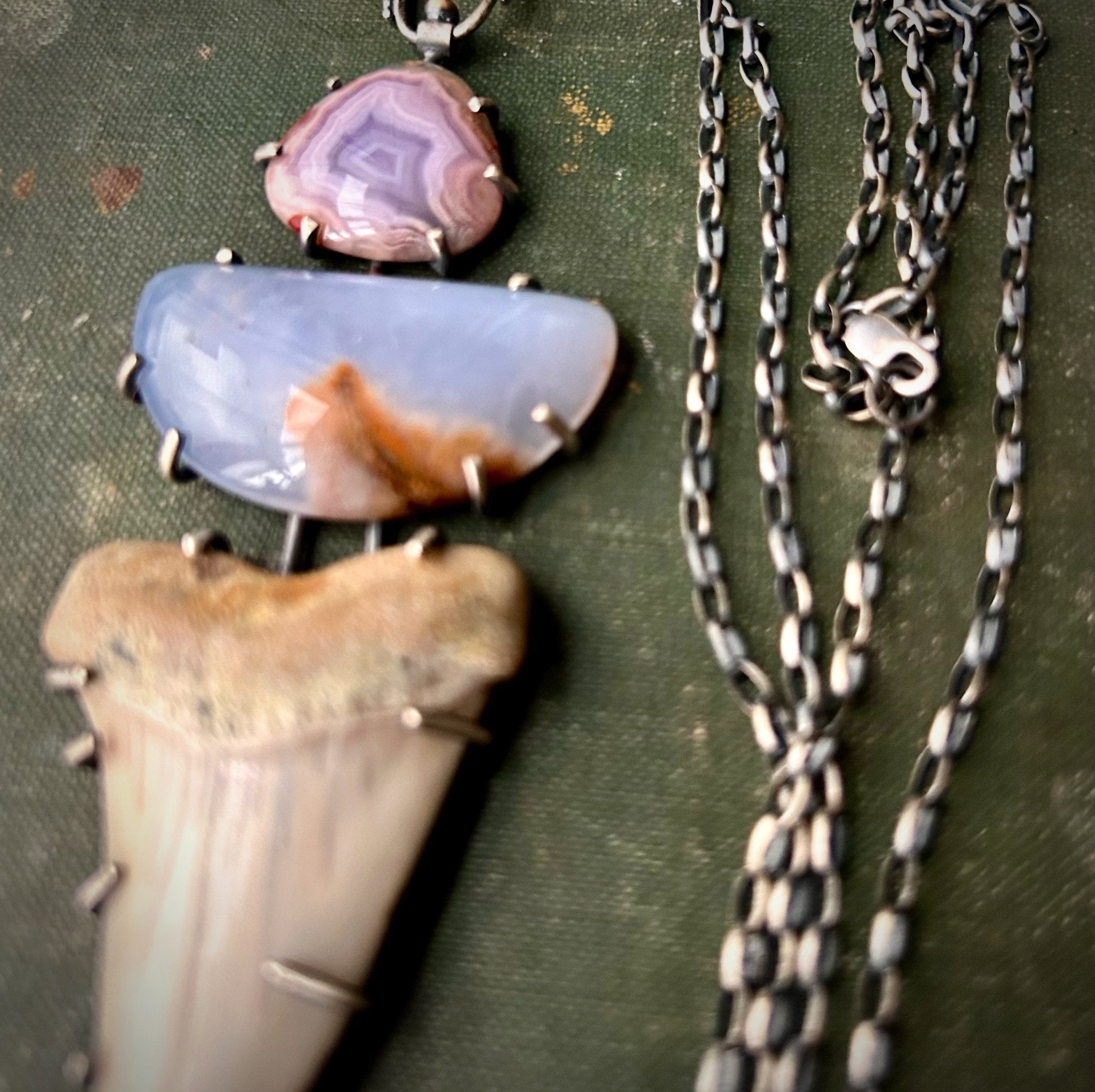 Chalcedony, Laguna Lace, and Fossilized Shark Tooth Pendant - Three Flames Silverworks