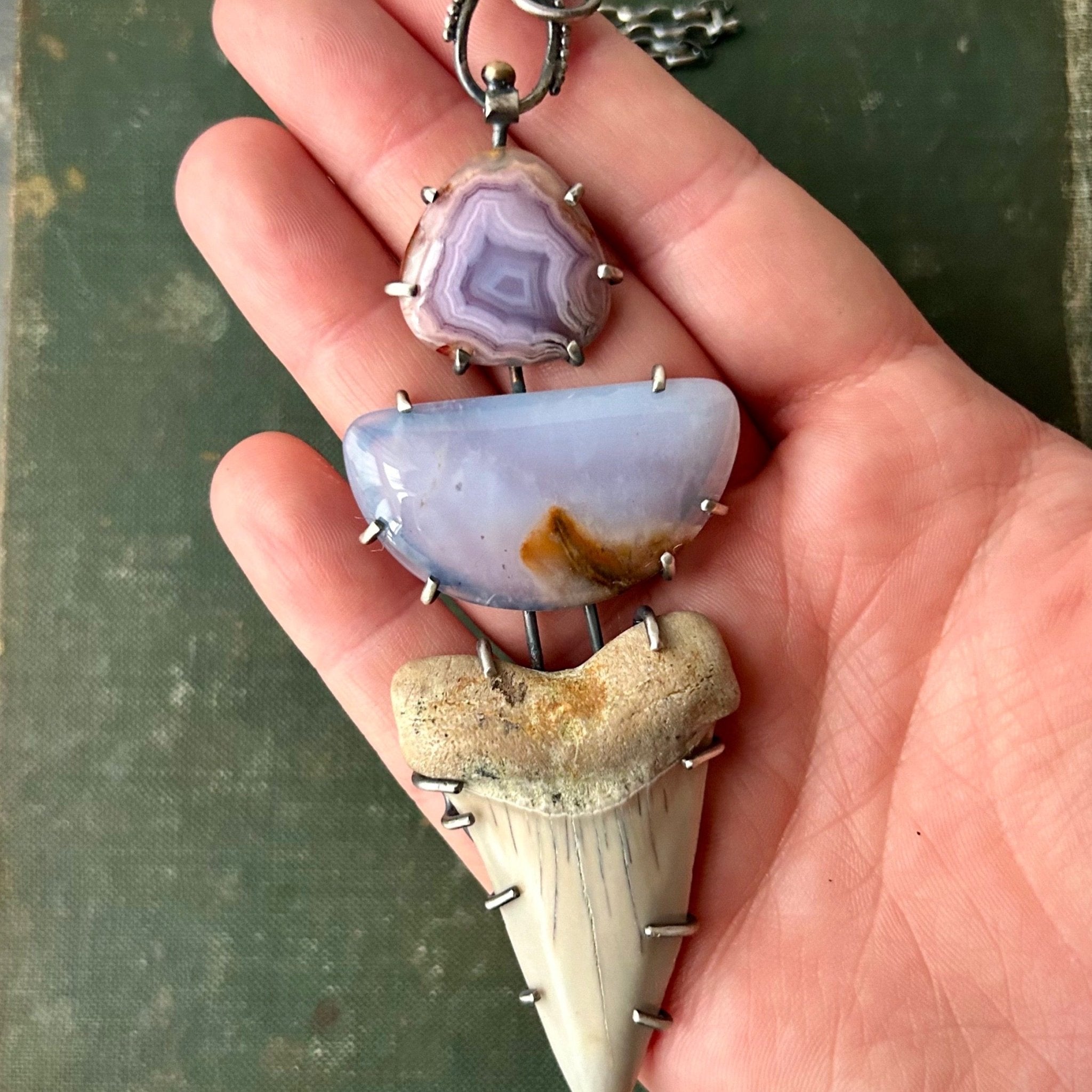 Chalcedony, Laguna Lace, and Fossilized Shark Tooth Pendant - Three Flames Silverworks