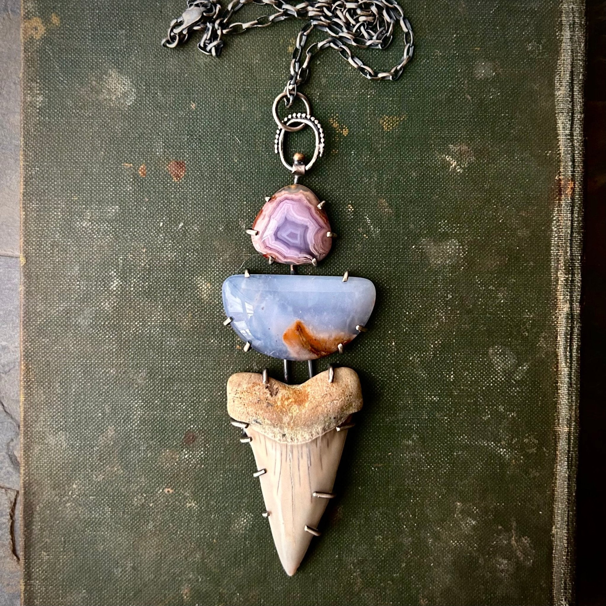 Chalcedony, Laguna Lace, and Fossilized Shark Tooth Pendant - Three Flames Silverworks