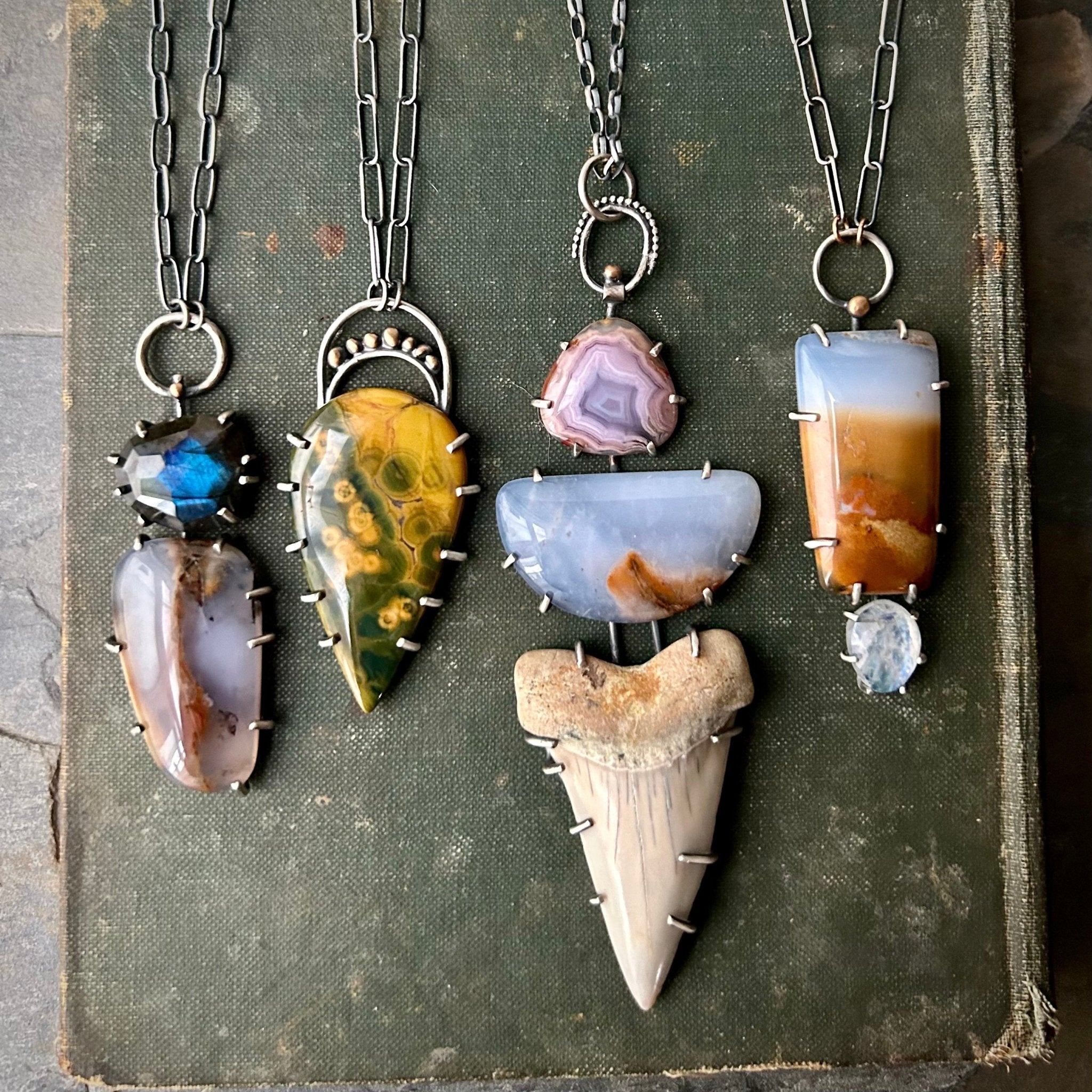 Chalcedony, Laguna Lace, and Fossilized Shark Tooth Pendant - Three Flames Silverworks