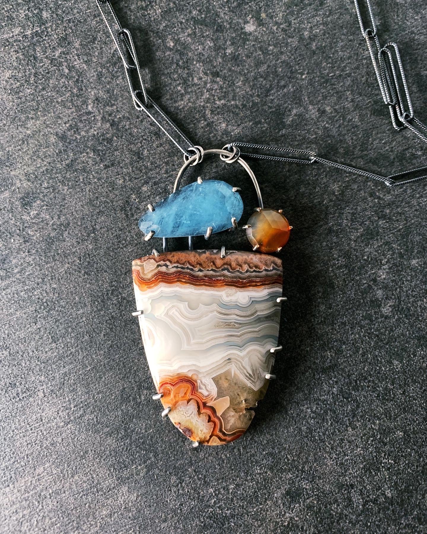 Crazy Lace Agate Pendant with Aquamarine and Montana Agate - Three Flames Silverworks