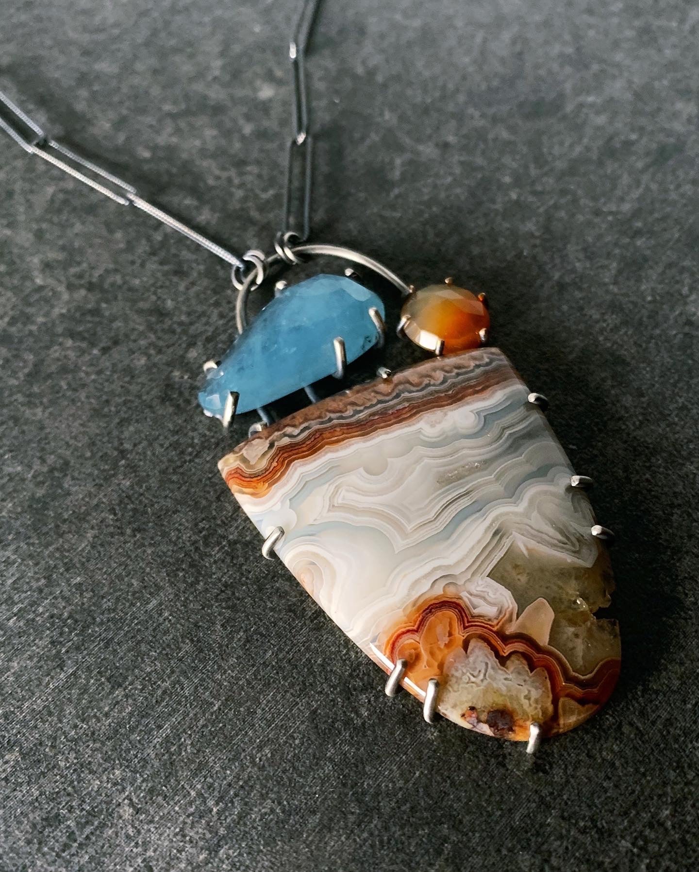 Crazy Lace Agate Pendant with Aquamarine and Montana Agate - Three Flames Silverworks