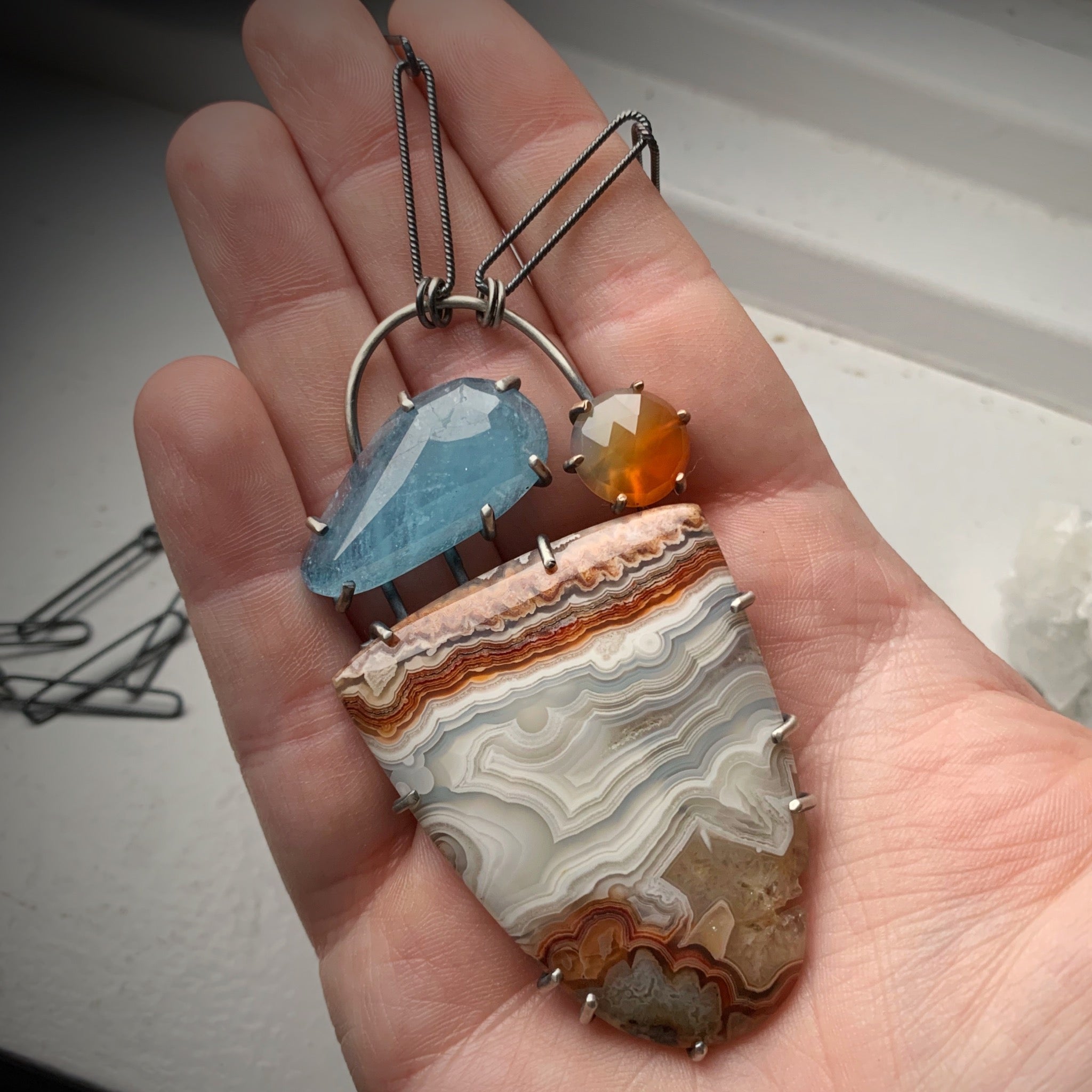 Crazy Lace Agate Pendant with Aquamarine and Montana Agate - Three Flames Silverworks