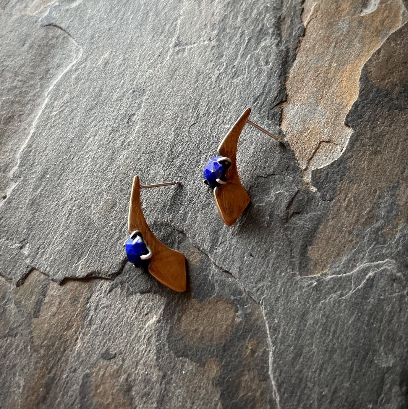 Crow Earring - Bronze and Lapis Lazuli - Three Flames Silverworks