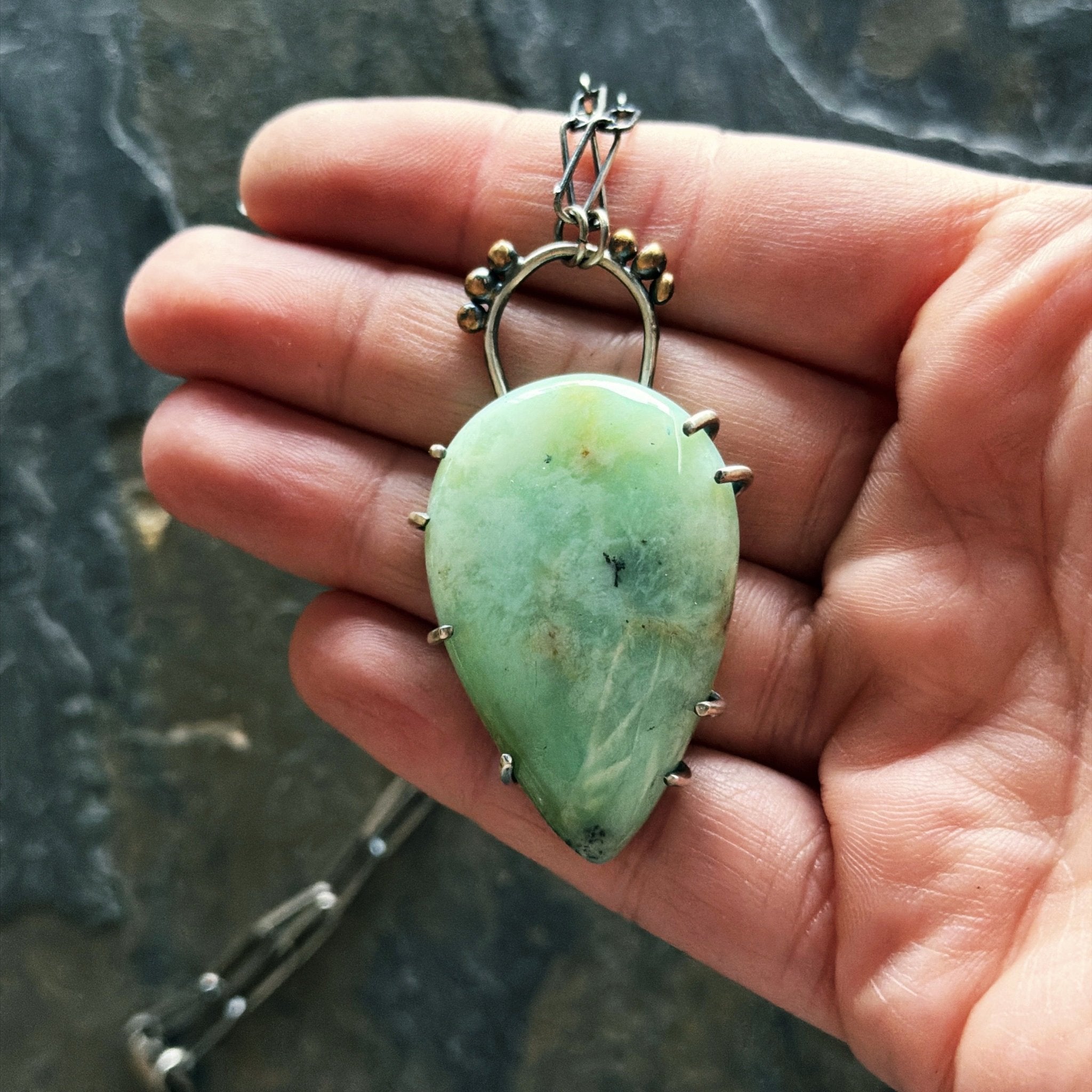 Crowned Chrysoprase Pendant - Three Flames Silverworks