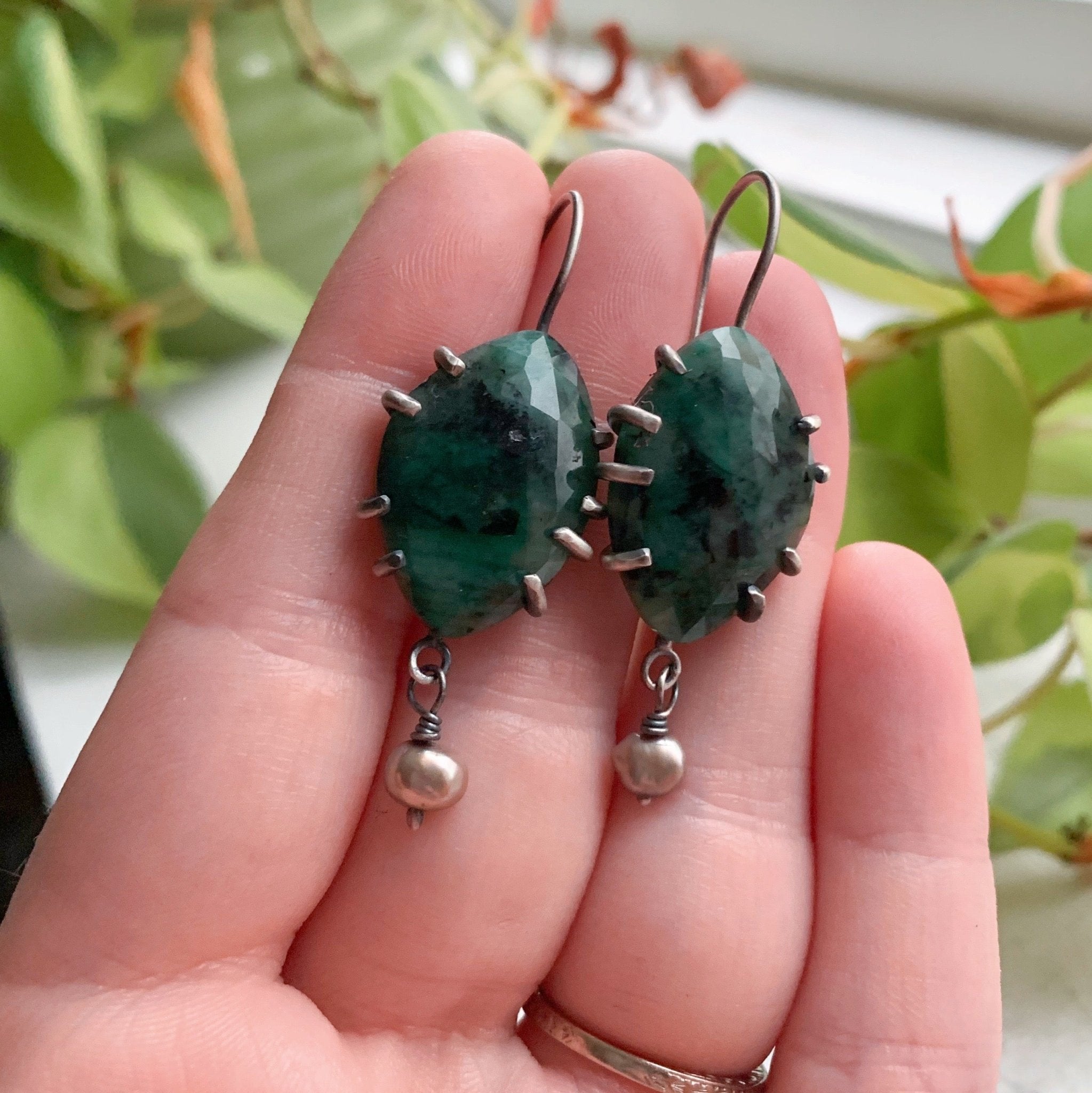 Emerald and Pearl Earrings - Three Flames Silverworks