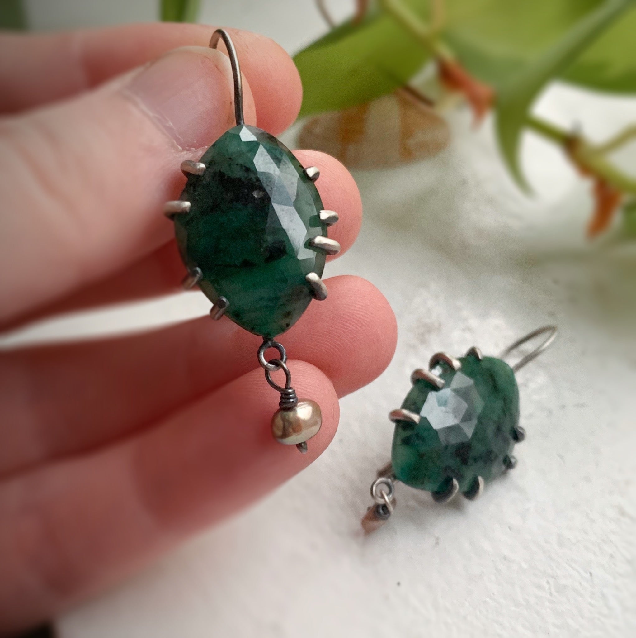 Emerald and Pearl Earrings - Three Flames Silverworks