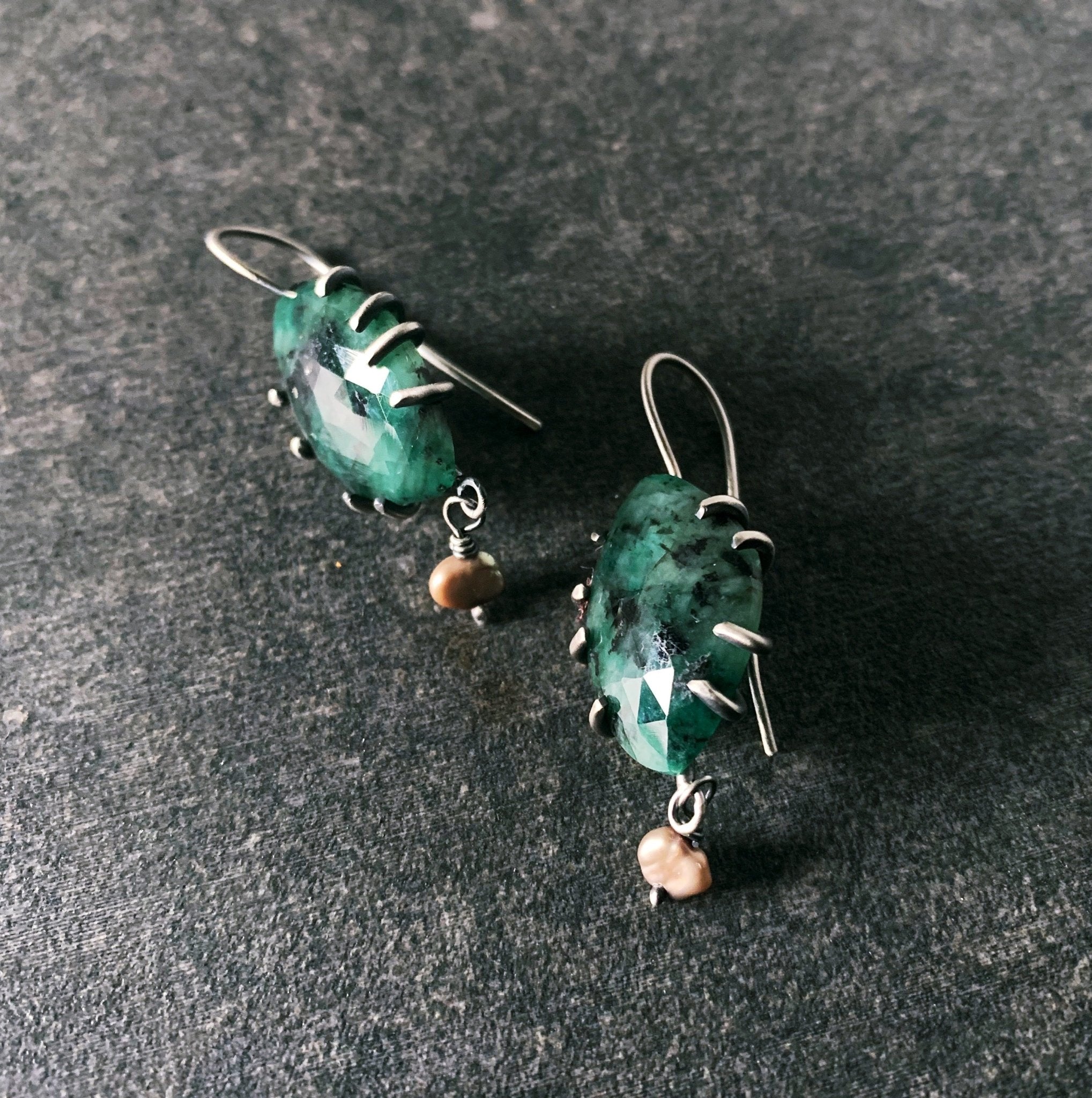 Emerald and Pearl Earrings - Three Flames Silverworks