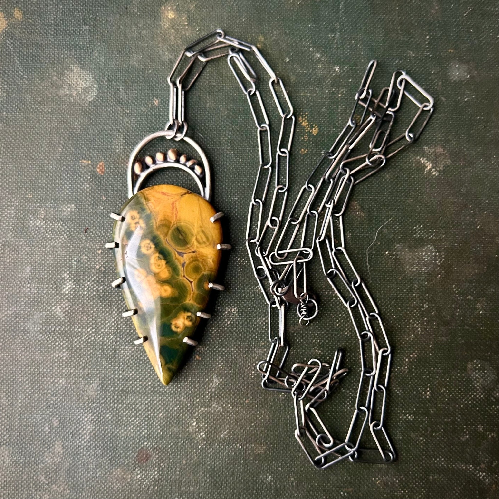 Ocean Jasper Pendant in Sterling and Bronze - Three Flames Silverworks