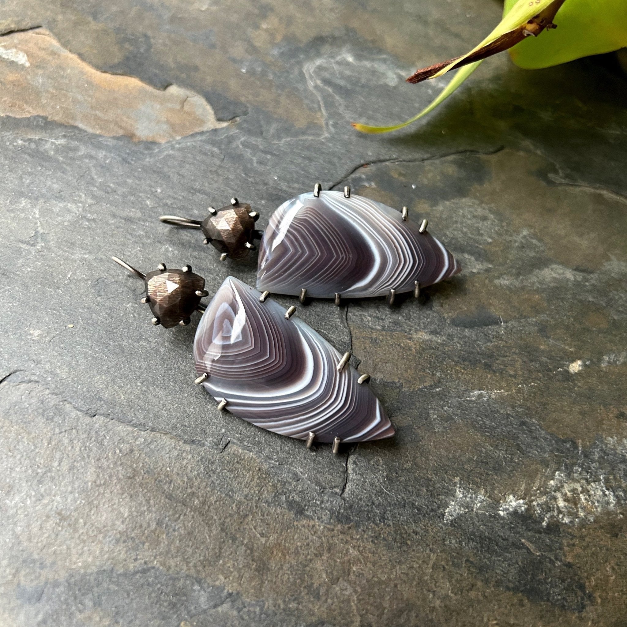 Statement Chocolate Sapphire and Botswana Agate Earrings - Three Flames Silverworks