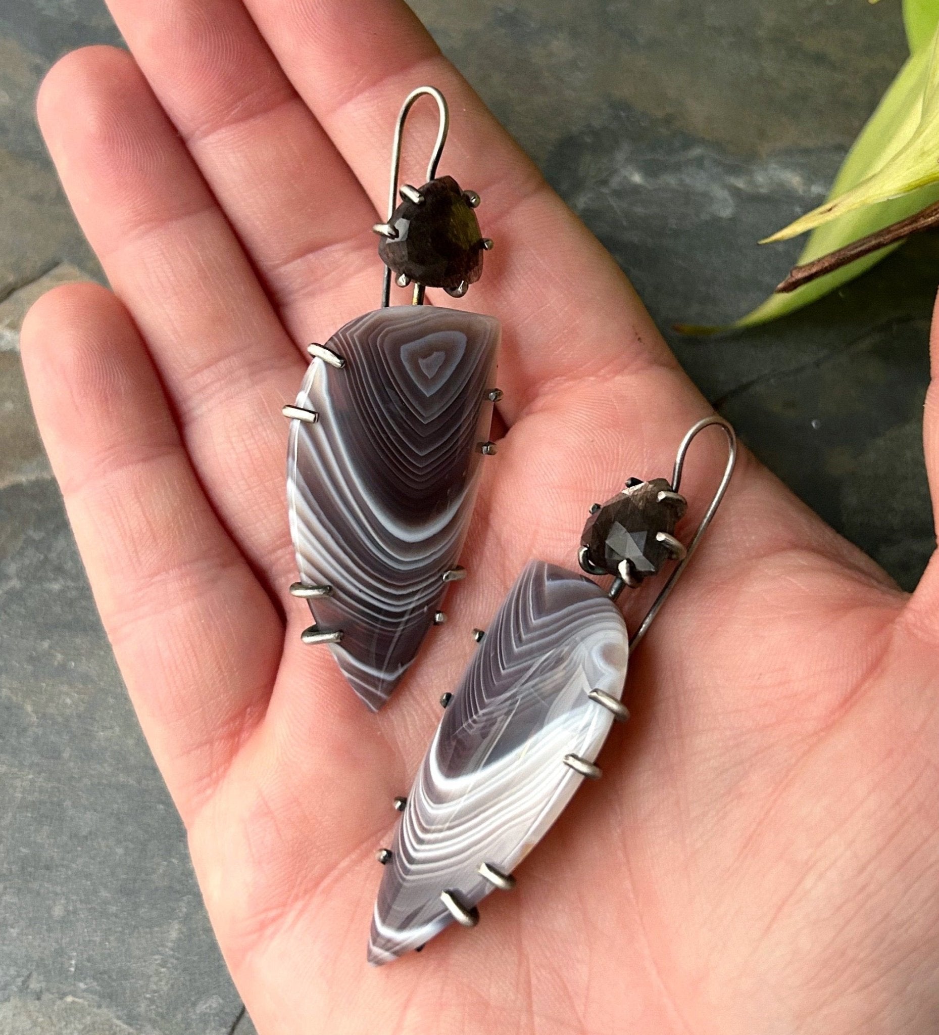 Statement Chocolate Sapphire and Botswana Agate Earrings - Three Flames Silverworks