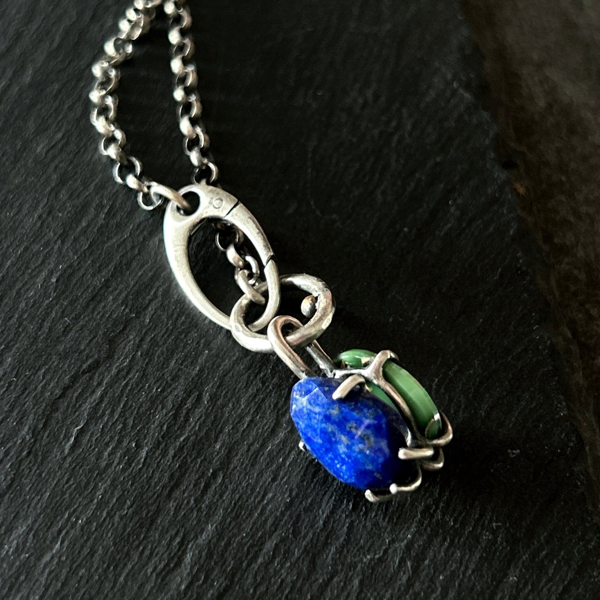 Two Faced Fob Necklace - Lapis and Variscite - Three Flames Silverworks