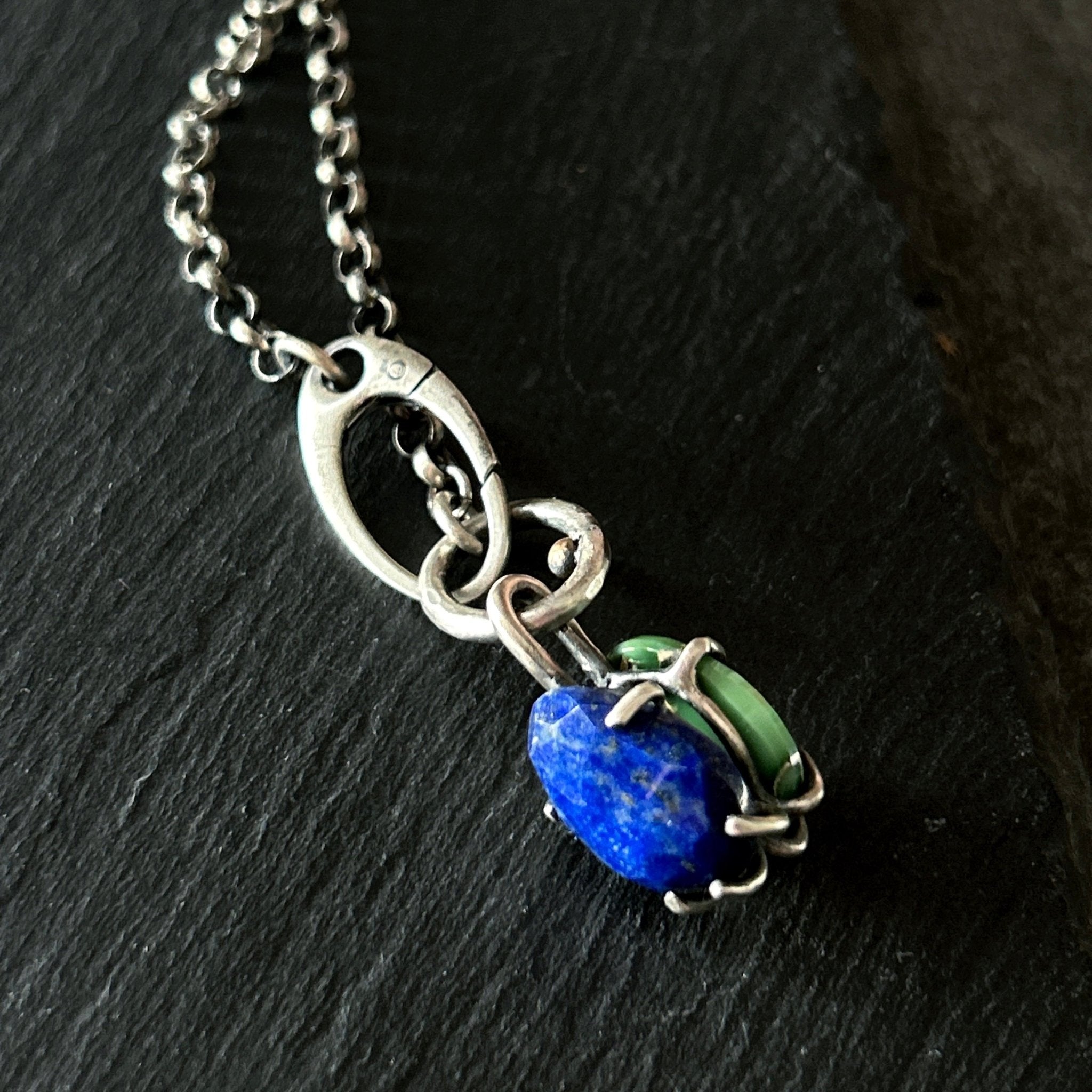 Two Faced Fob Necklace - Lapis and Variscite - Three Flames Silverworks