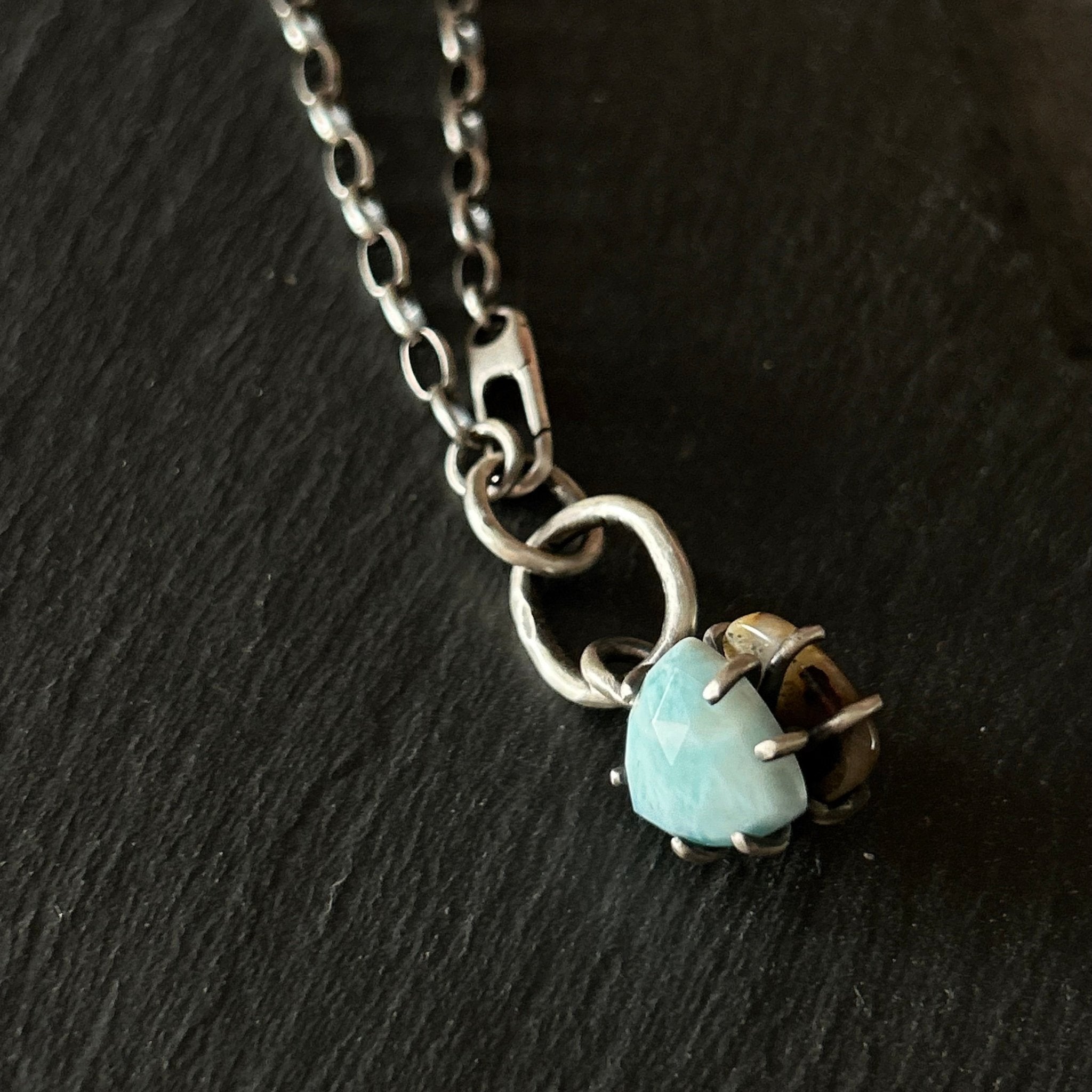 Two Faced Fob Necklace - Larimar and Ocean Jasper - Three Flames Silverworks