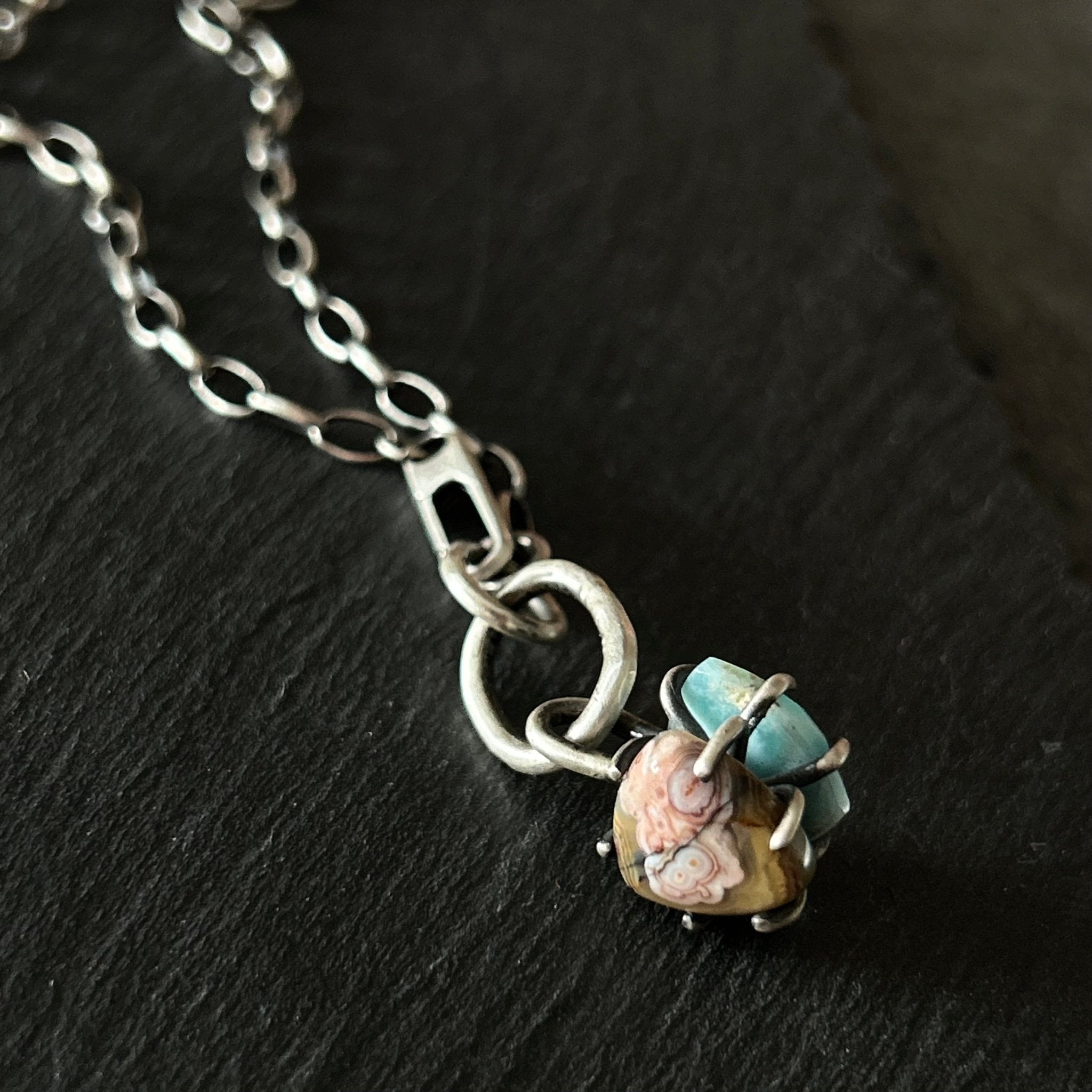 Two Faced Fob Necklace - Larimar and Ocean Jasper - Three Flames Silverworks