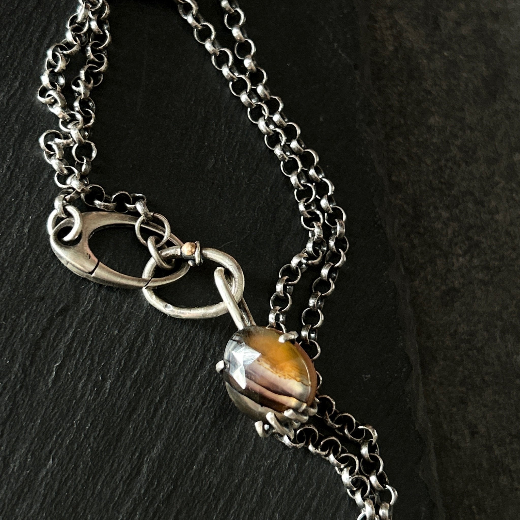 Two Faced Fob Necklace - Peach Moonstone and Montana Agate - Three Flames Silverworks