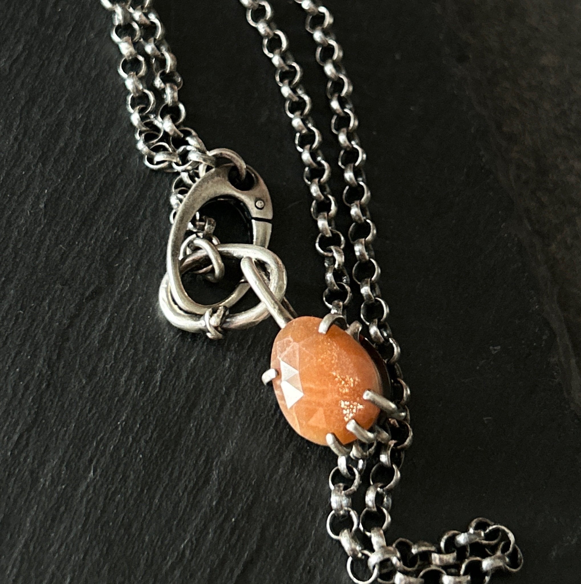 Two Faced Fob Necklace - Peach Moonstone and Montana Agate - Three Flames Silverworks