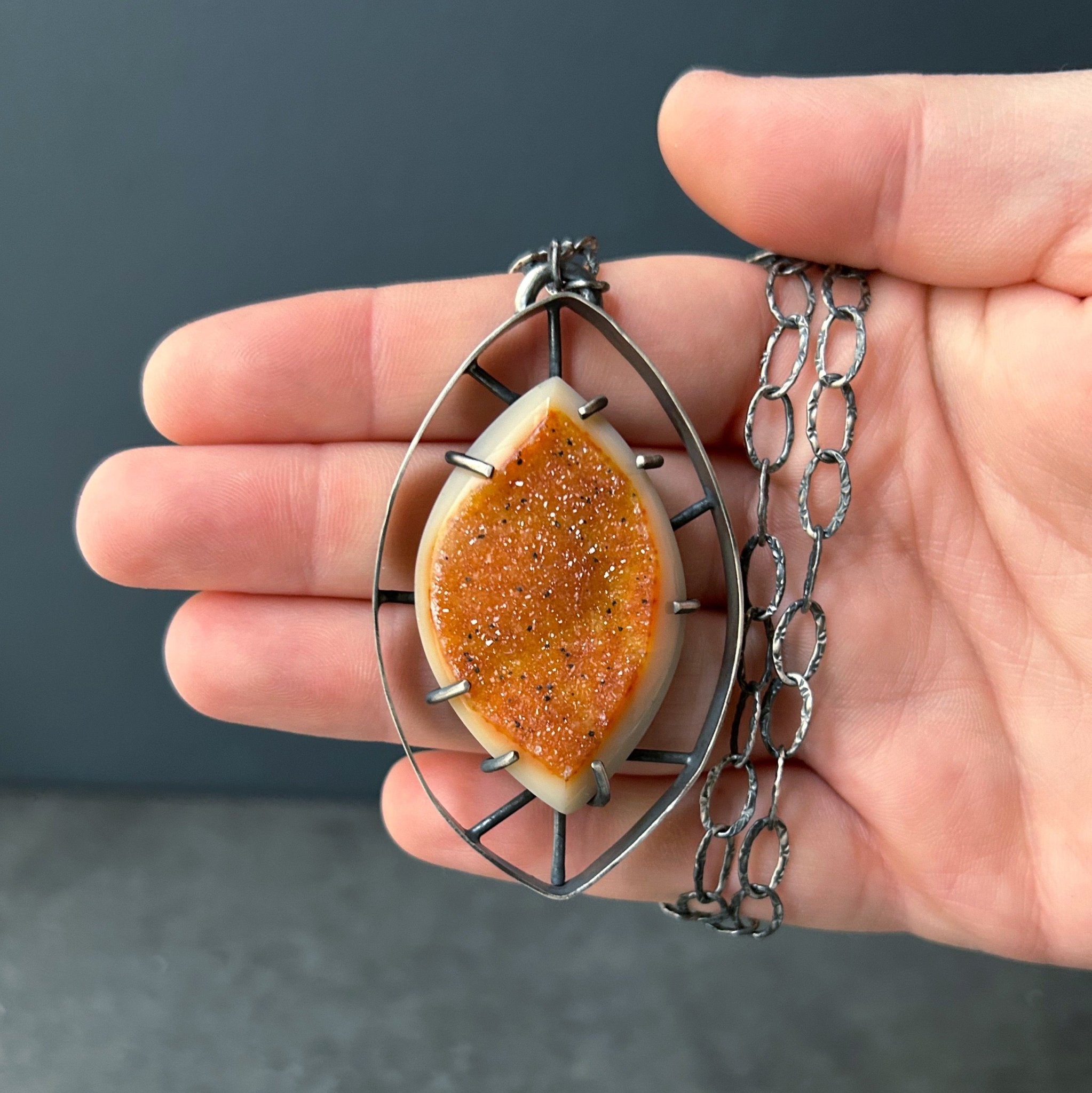 Wayfinder Pendant 6 - Tangerine Druzy - Three Flames Silverworks