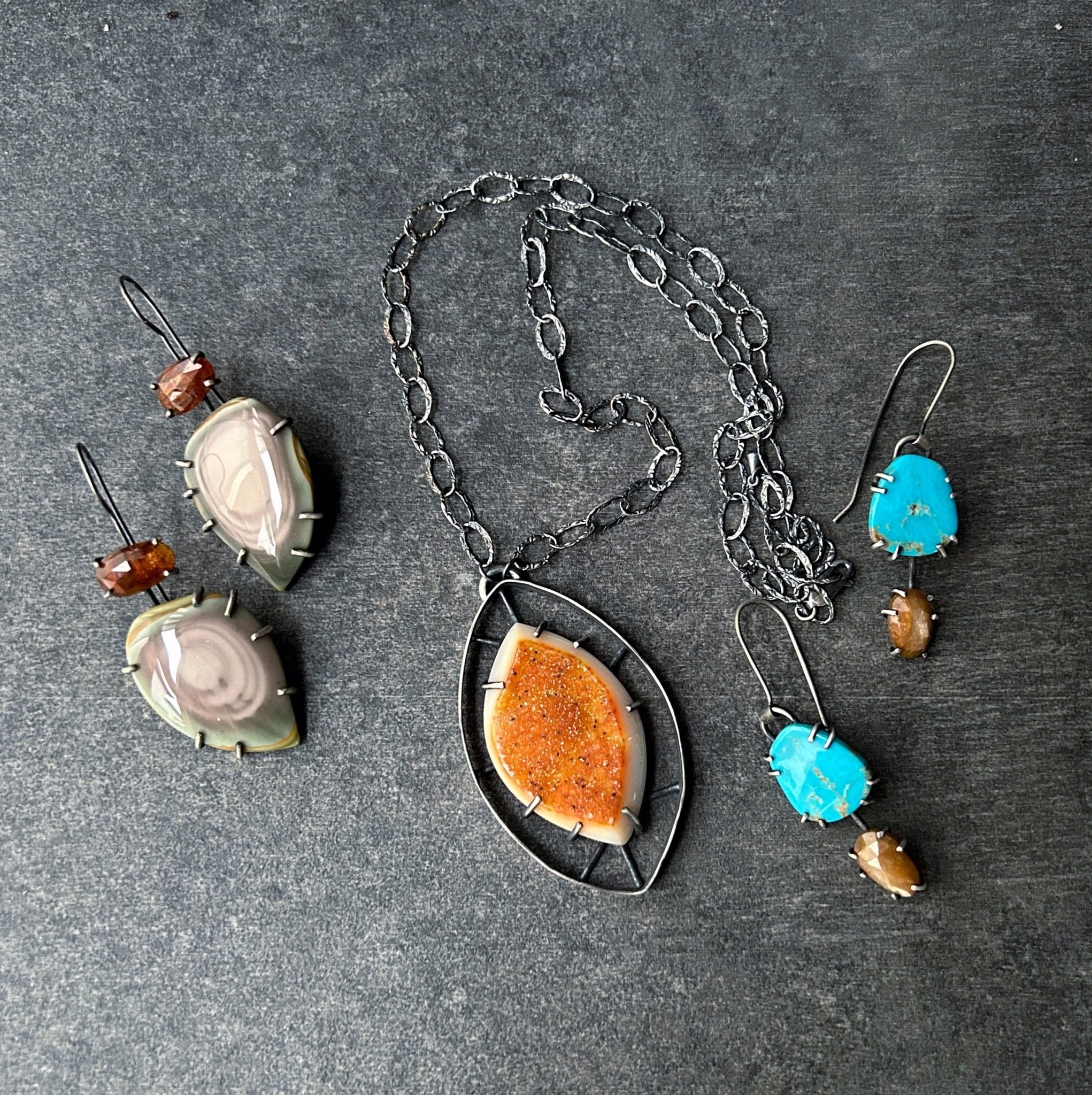 Wayfinder Pendant 6 - Tangerine Druzy - Three Flames Silverworks