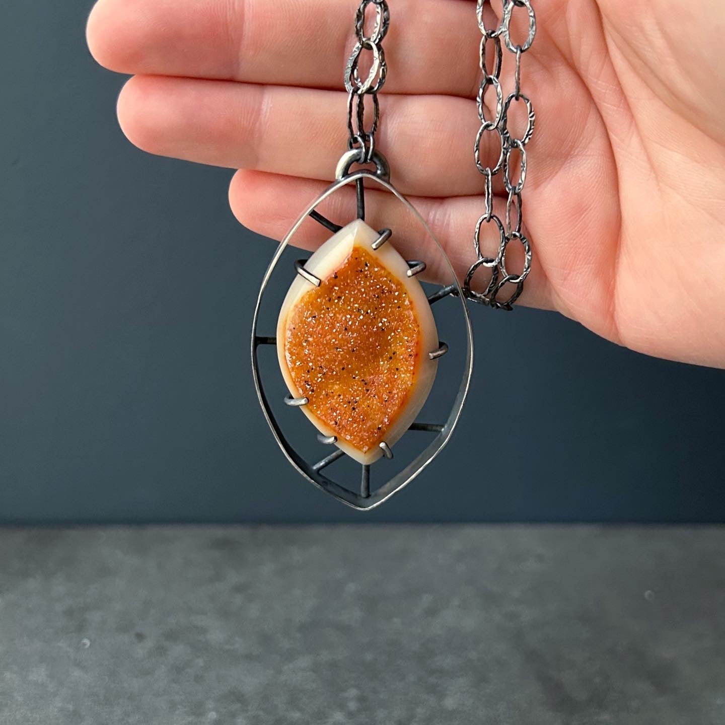 Wayfinder Pendant 6 - Tangerine Druzy - Three Flames Silverworks